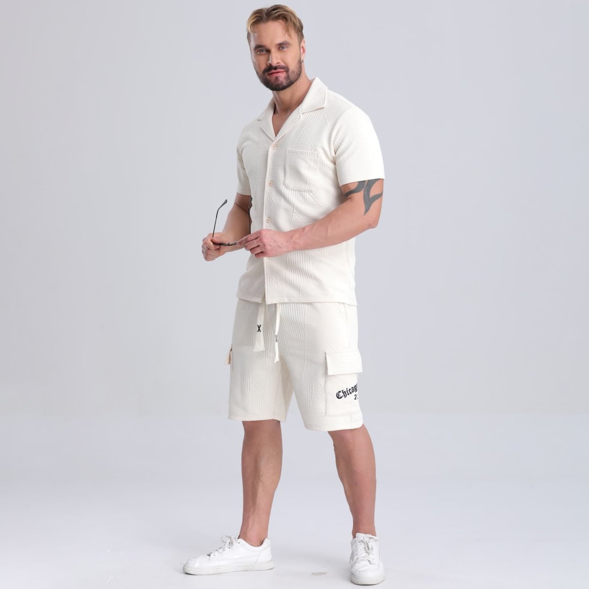 knitted jacquard summer beige shorts men drawstring