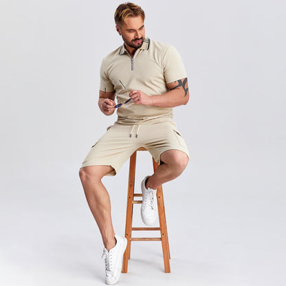khaki zip upper summer suits for men drawstring cargo shorts