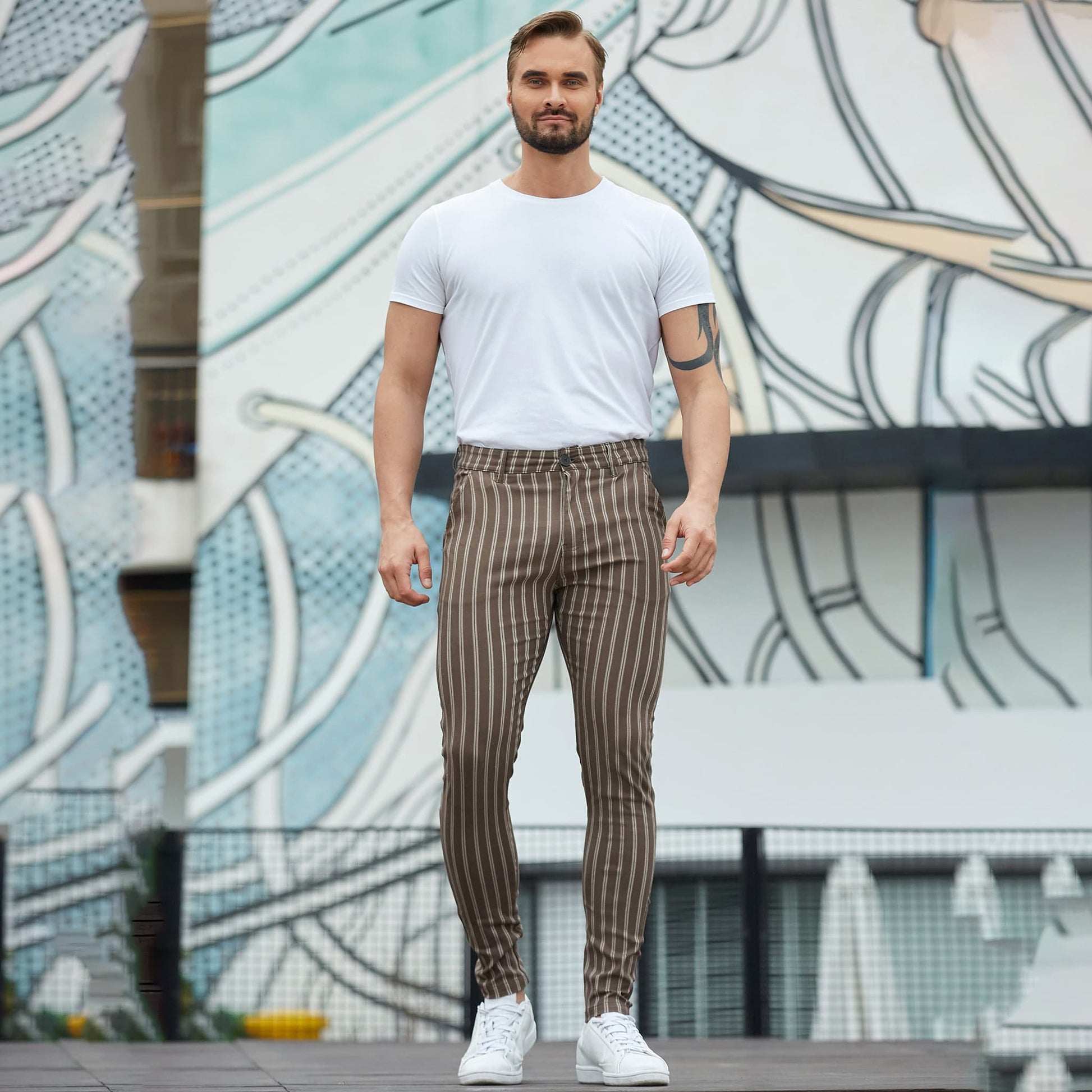 brown striped tailored pants men slim fit stretchy 