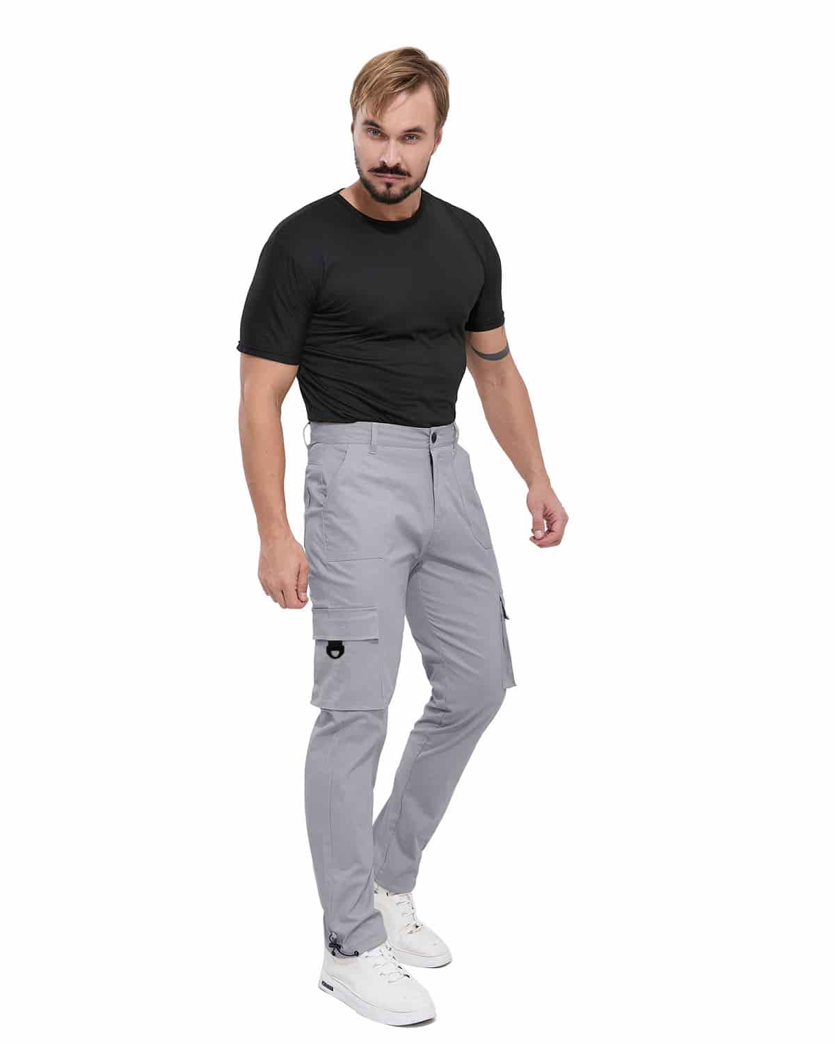 ALLELMS Mens Straight-Fit Stretch Grey Cargo Pant with Multi Pockets