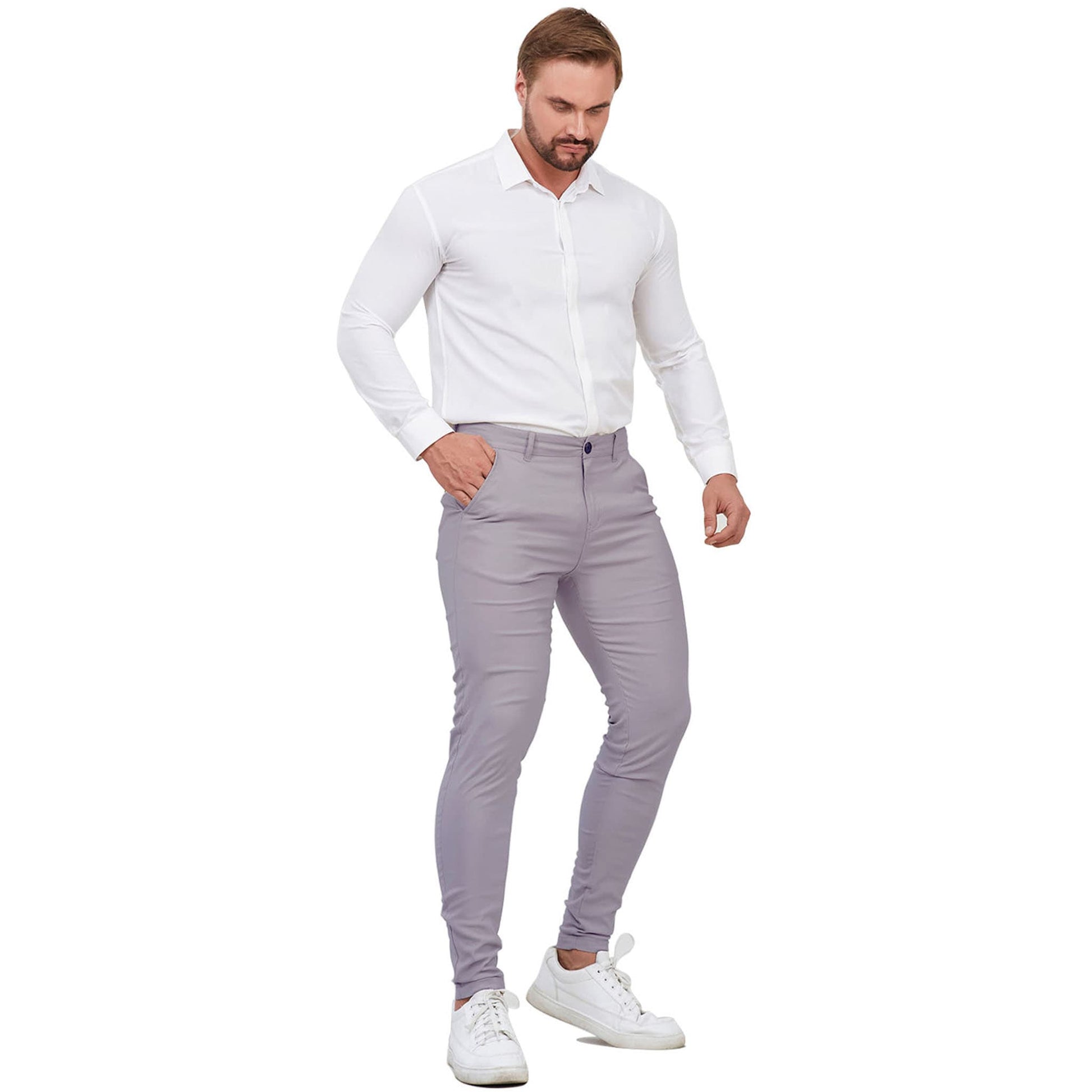 gray blue tapered chinos pants men slim fit stretchy