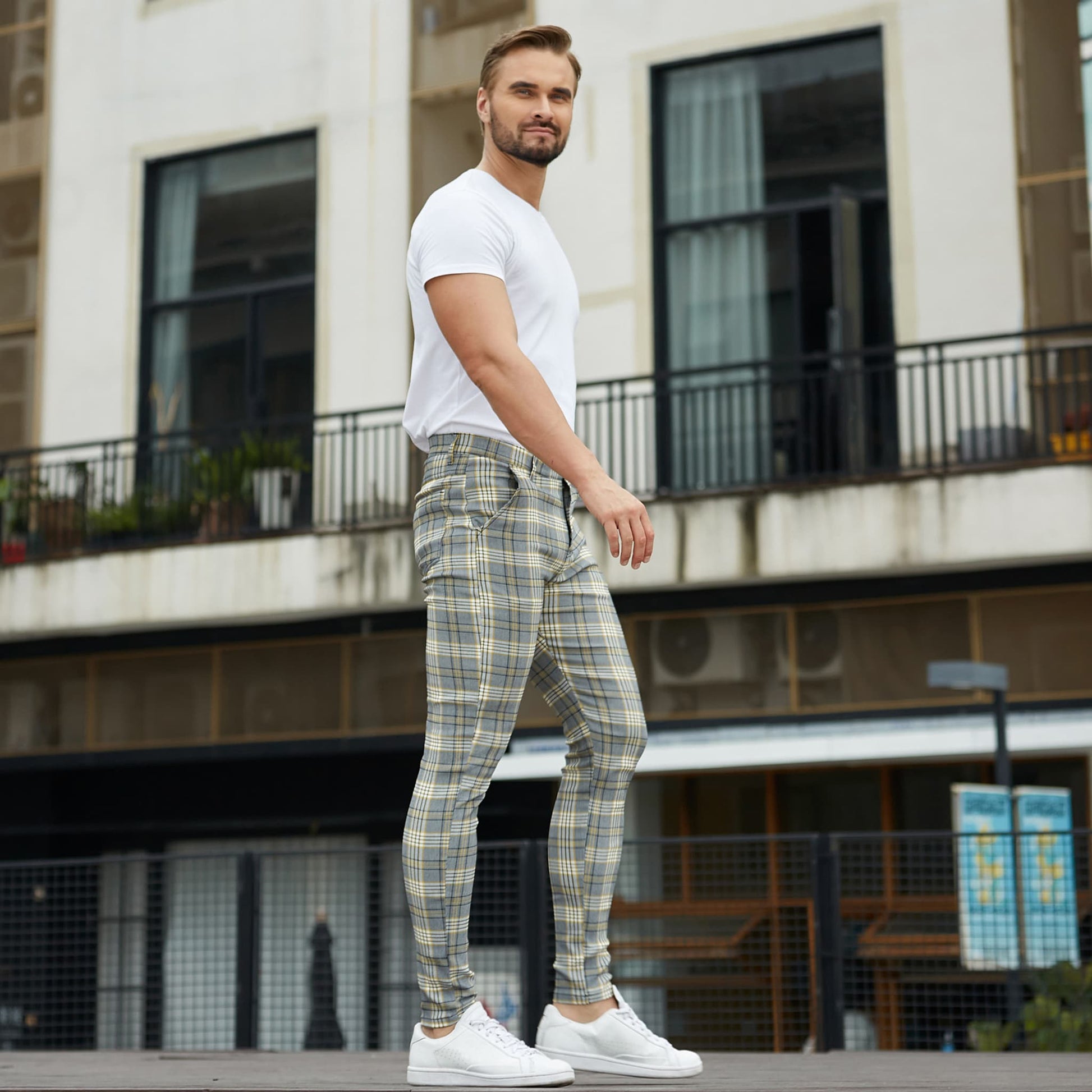 yellow and grey checkered tapered pants men slim fit stretchy