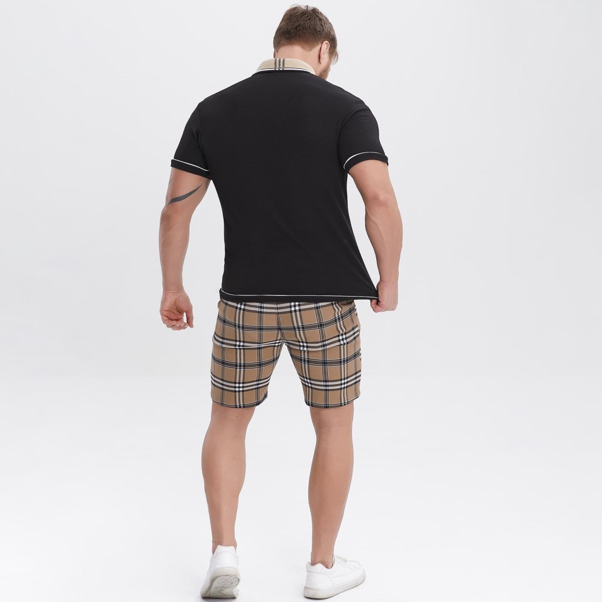 black textured waffle polo shirts for men slim fit stretchy