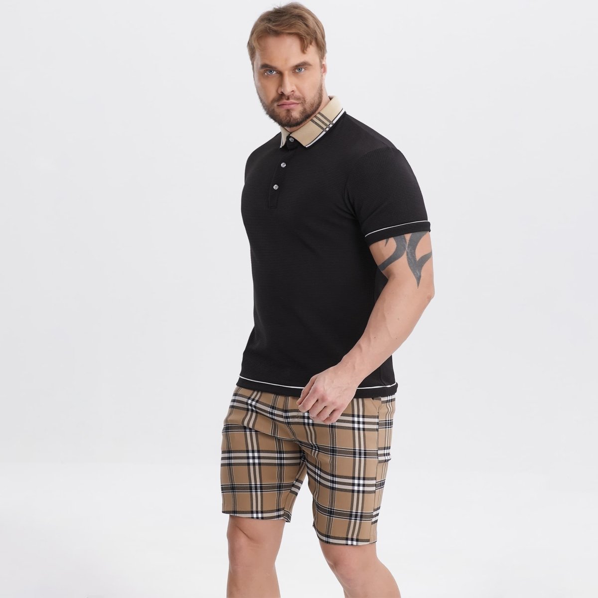 black waffle textured shirt men slim fit stretchy