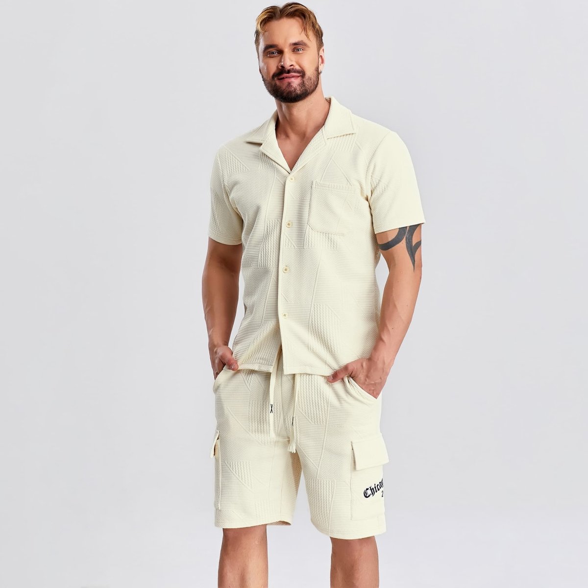 button down tropical vacation outfits for men drawstring shorts