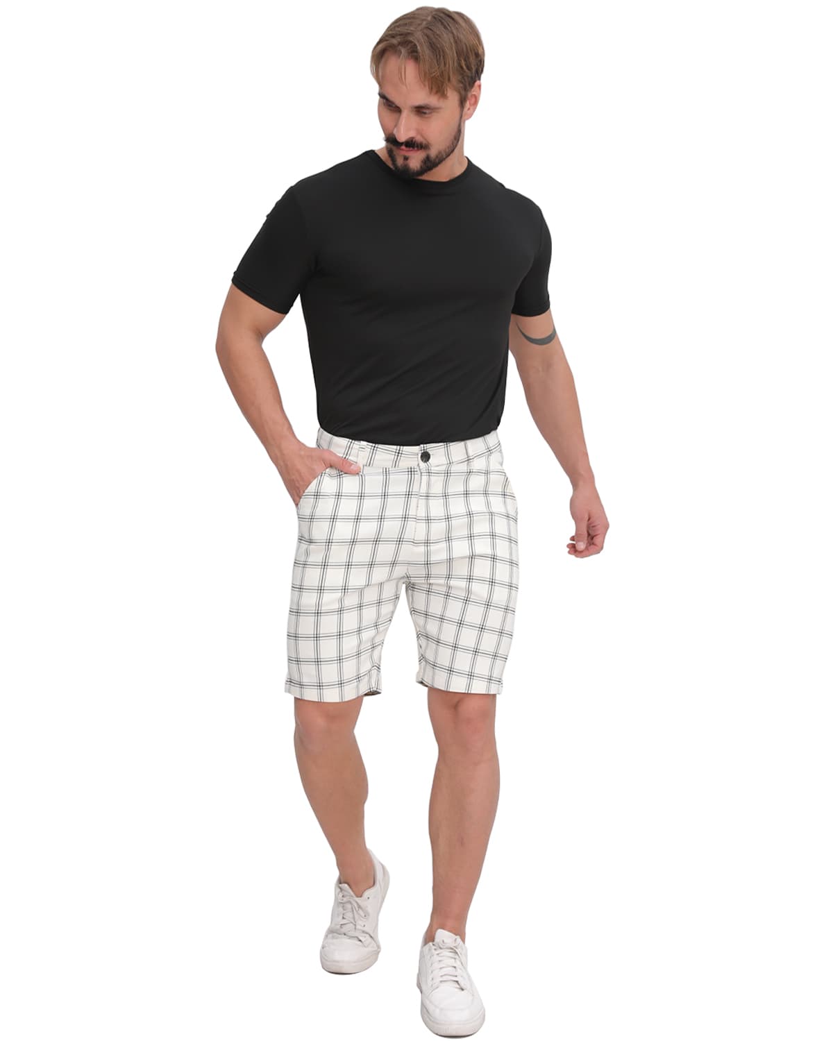 ALLELMS  Mens Slim Fit Shorts Black and White Plaid Chino Short Tapered Leg Skinny Stretch
