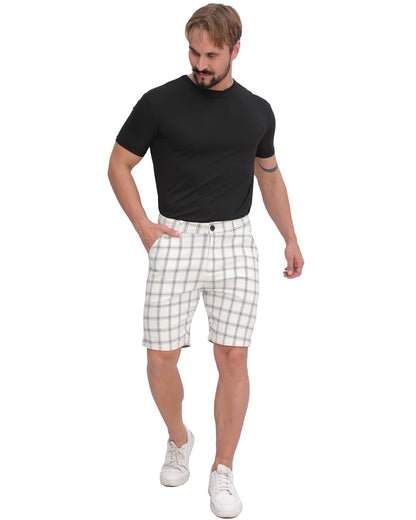 ALLELMS  Mens Slim Fit Shorts Black and White Plaid Chino Short Tapered Leg Skinny Stretch