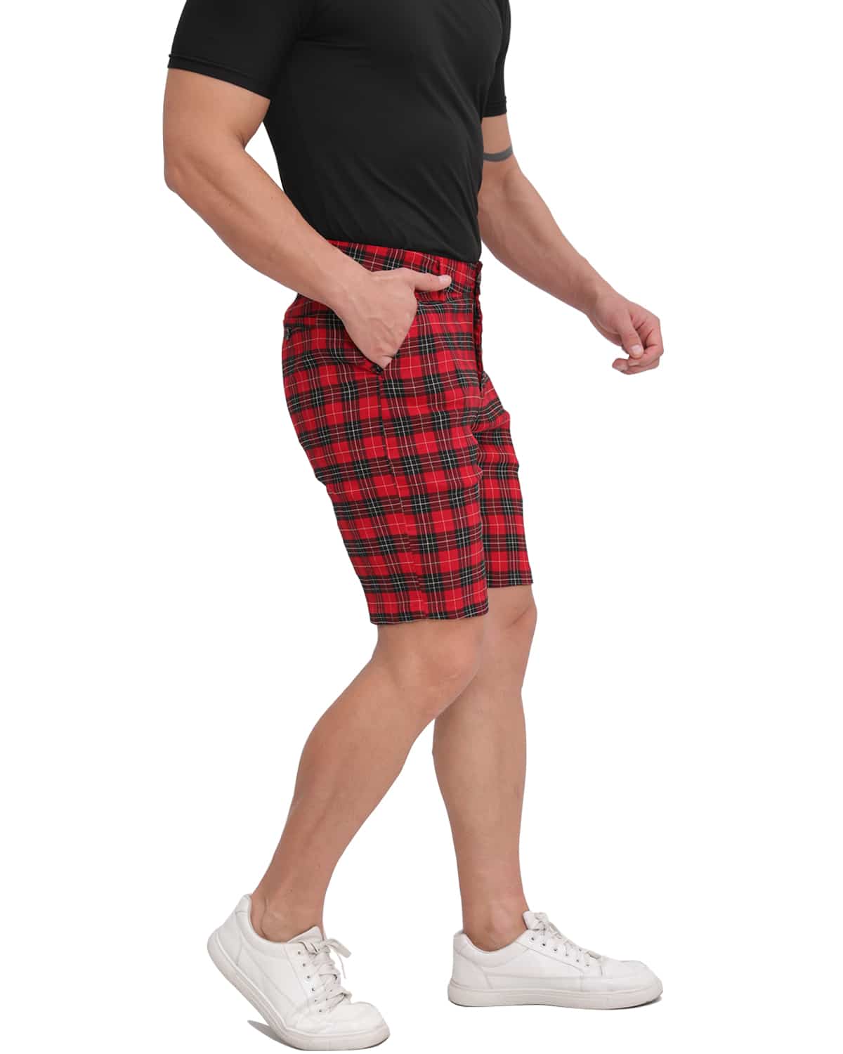 ALLELMS Mens Slim Fit Shorts Black and White Plaid Chino Short Tapered Leg Skinny Stretch