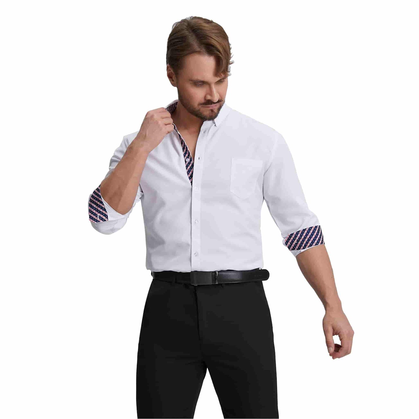 Men's Long Sleeve Dress Shirts Slim Fit Inner Contrast Business Casual Button Down White Shirt