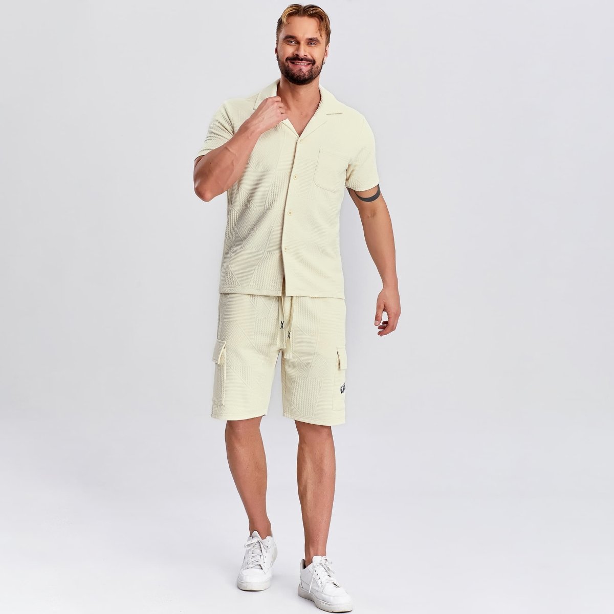 white outfit for men drawstring cargo embroidery shorts