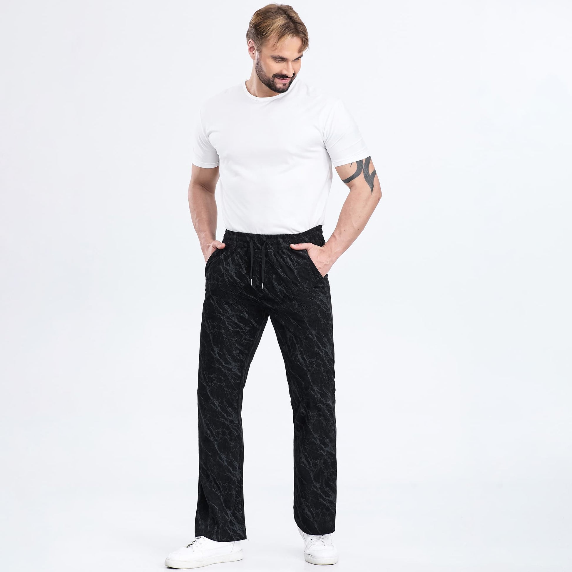 camouflage pattern  wide leg black sweat pants men drawstring waistband