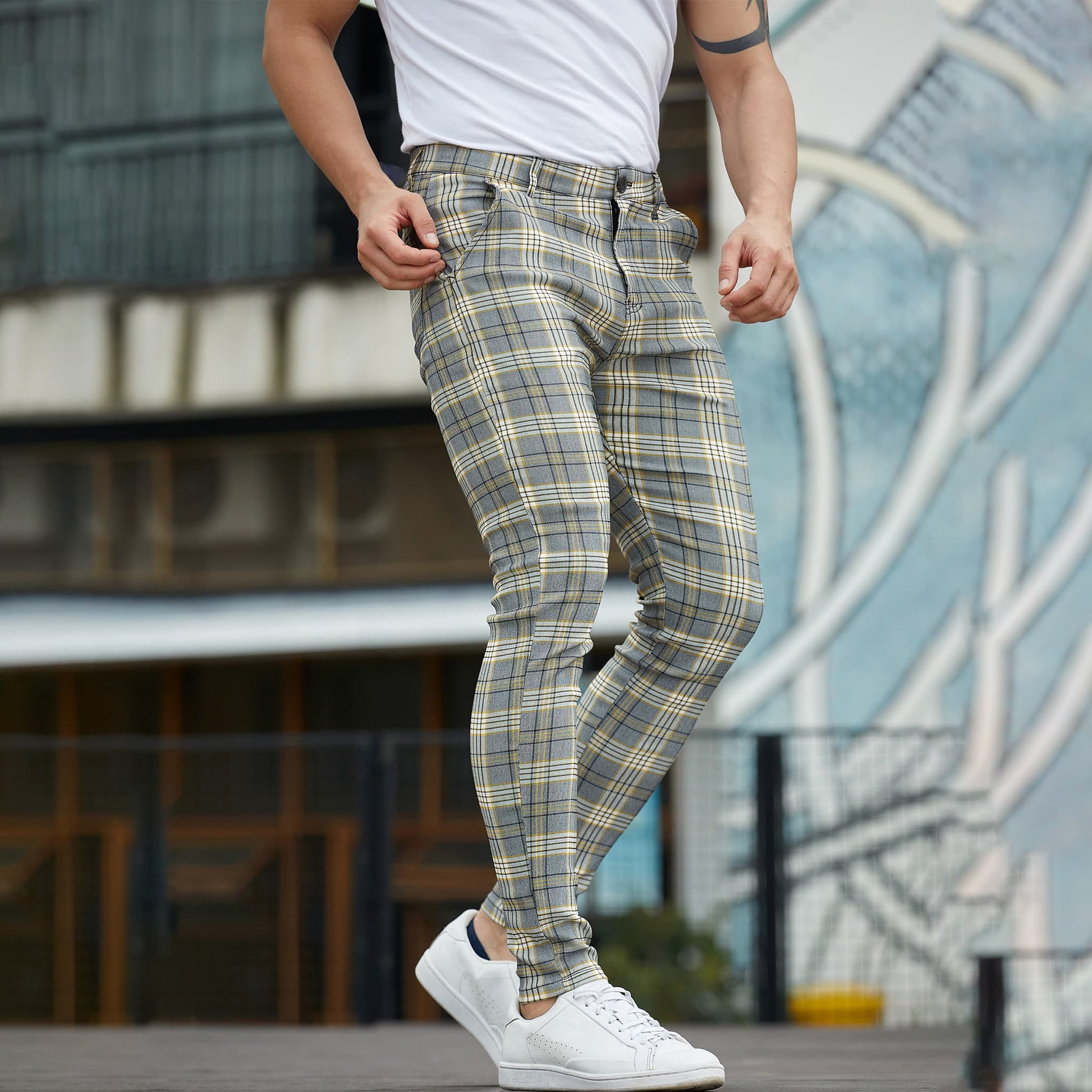 yellow and grey plaid work pants men slim fit stretchy