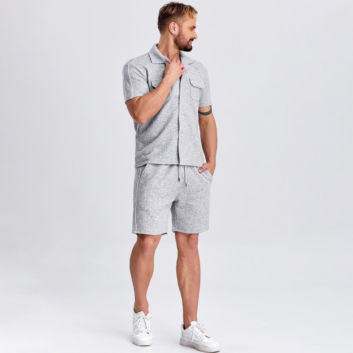 grey waffle workout outfits for men drawstring