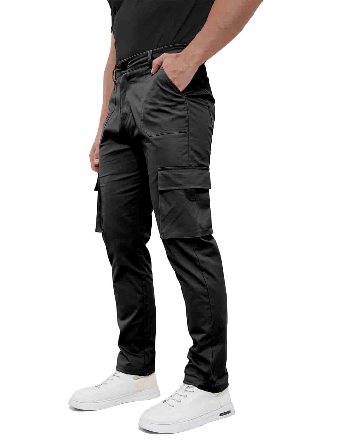 ALLELMS Mens Straight-Fit Stretch Black Cargo Pant with Multi Pockets