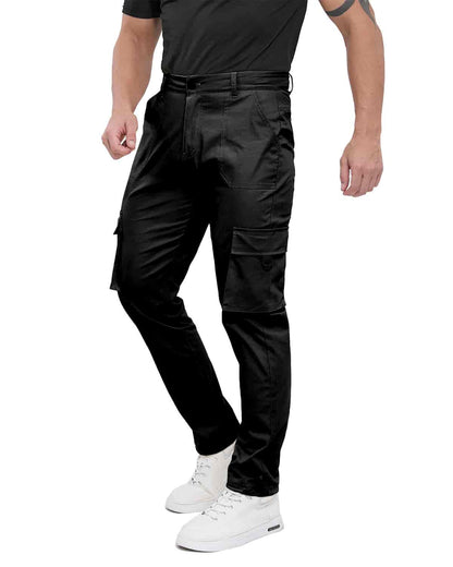 ALLELMS Mens Straight-Fit Stretch Black Cargo Pant with Multi Pockets