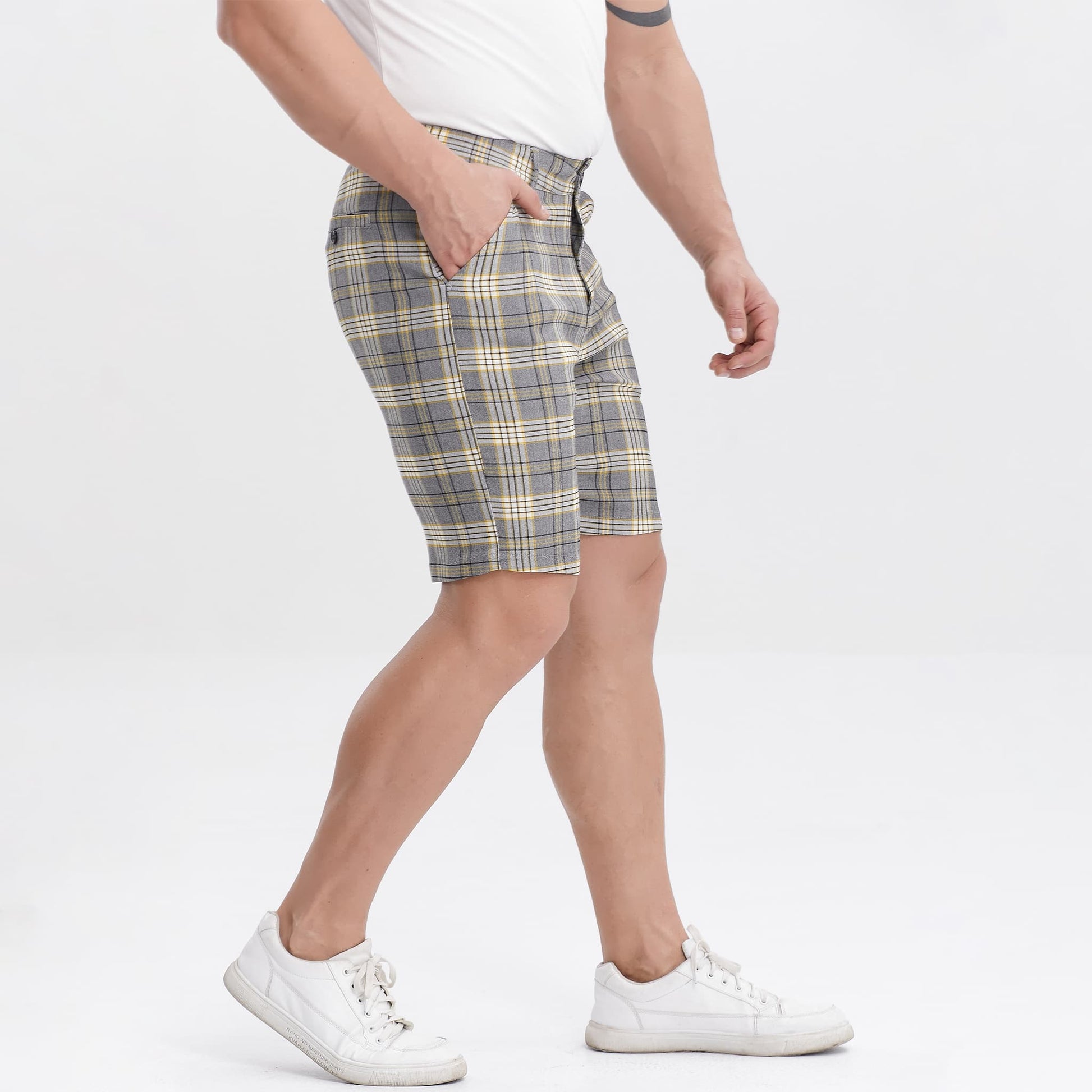 yellow checkered mens designer shorts slim fit stretch