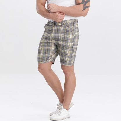 yellow checkered mens plaid  shorts 9 inch inseam slim fit stretch