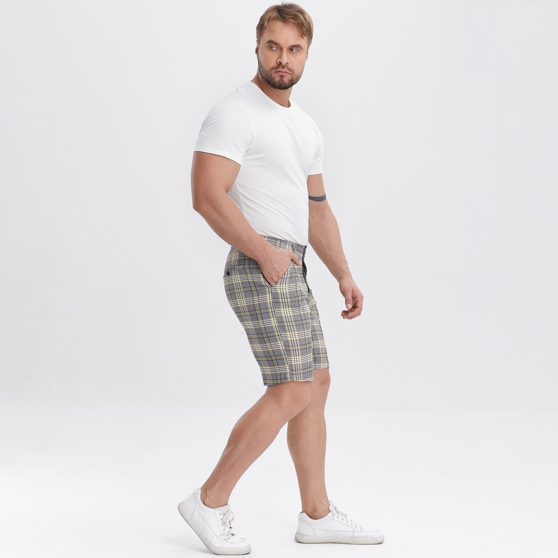 yellow checkered mens tapered shorts slim fit stretch