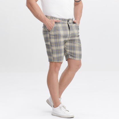 yellow plaid mens slim shorts stretch 9 inch inseam