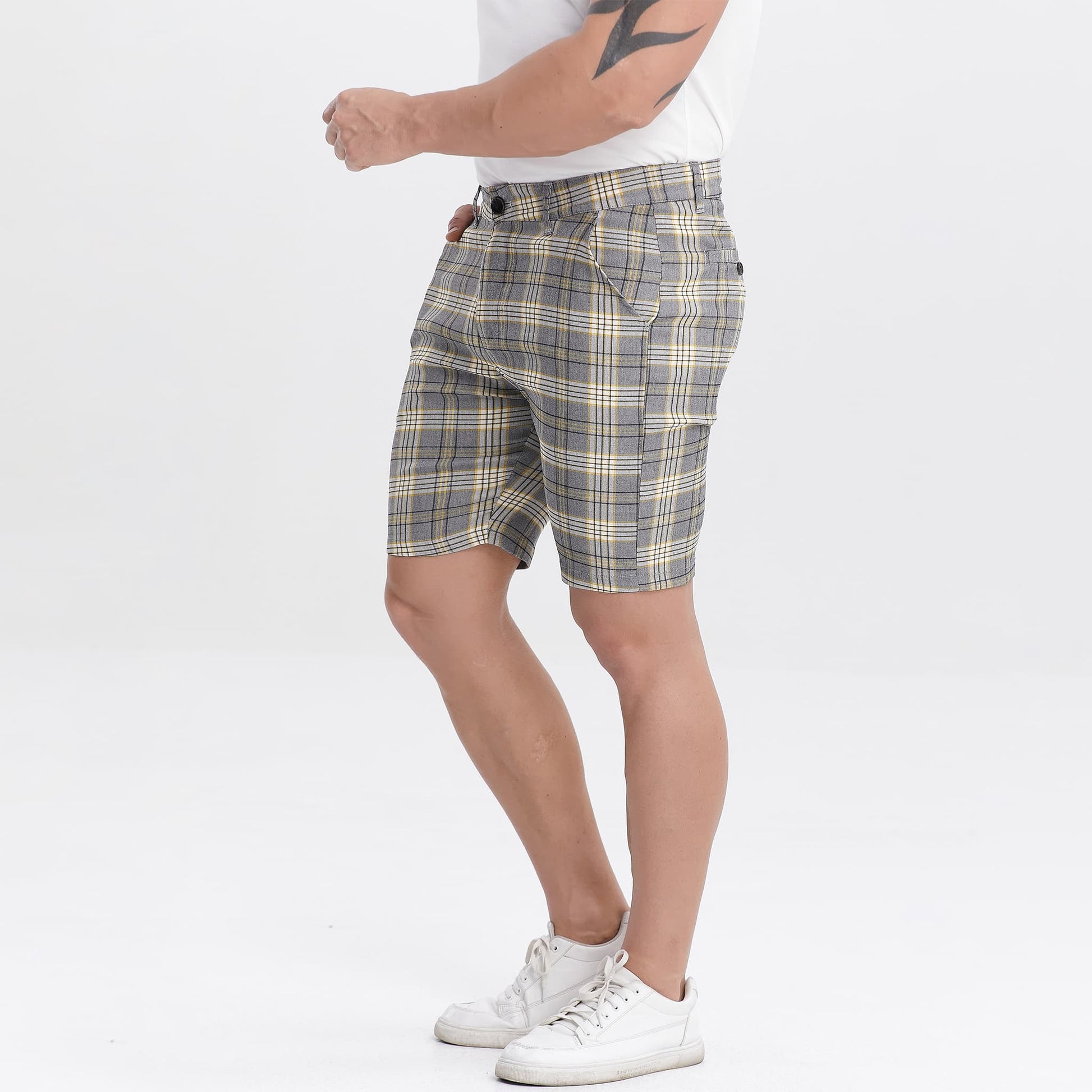 yellow plaid shorts de mezclilla para hombre slim fit stretch