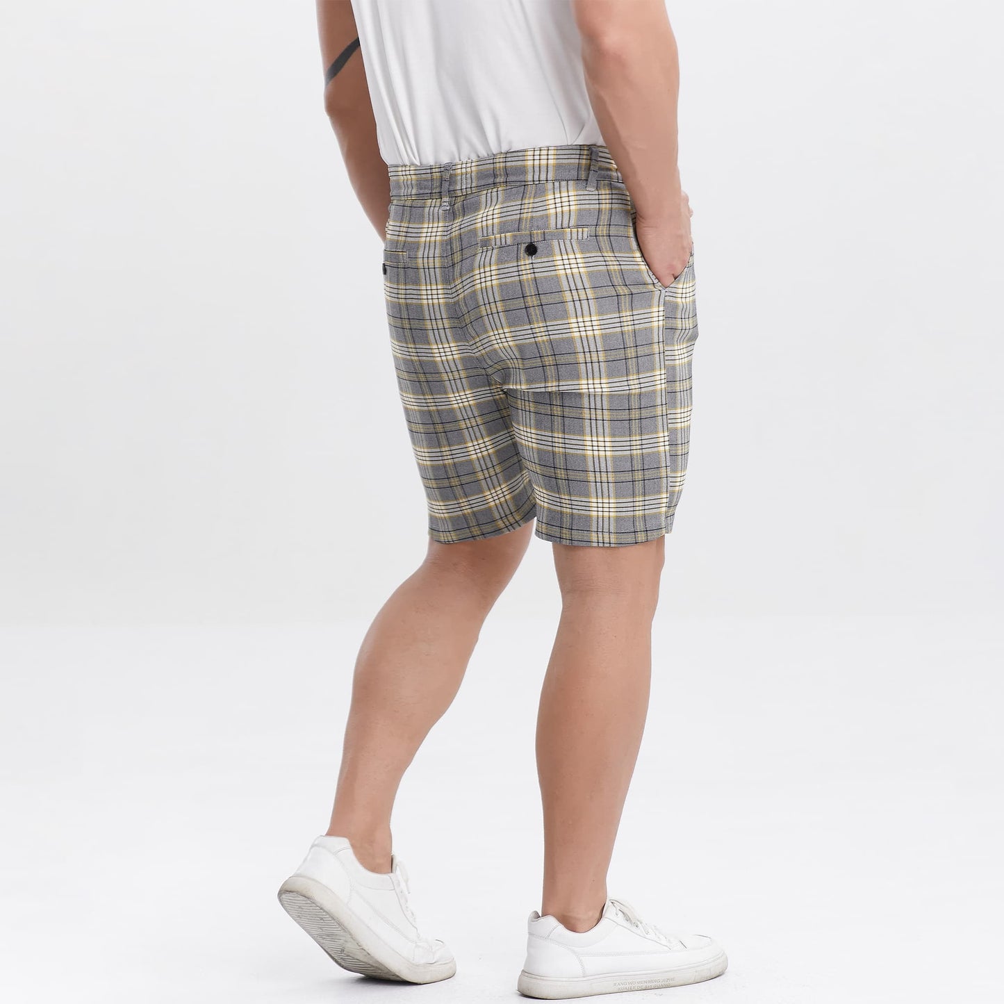 yellow plaid walking shorts for men slim fit stretch
